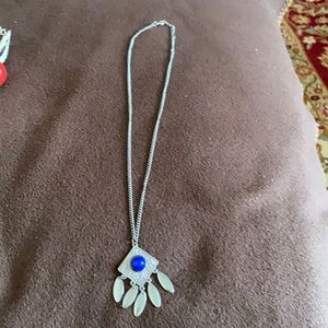 Silver toned necklace w blue ball and square